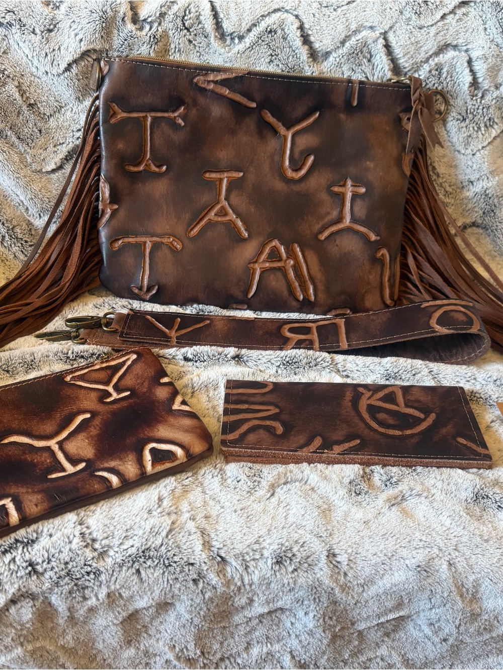 Western Branded Brown Leather Fringe Shoulder Bag with Matching Accessories